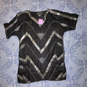 NWT Vintage 80's Jean for Joseph Le Bon Black Silk Tunic with Silver Bugle Beads